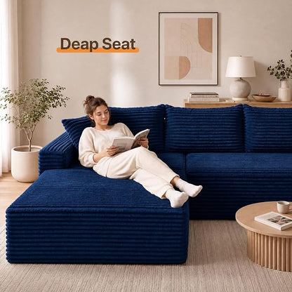 Claiks 94" Boneless Couch, Cloud Couch Sectional, L-Shape Corduroy Modular Sectional Sofa Deep Seat, Upholstered Couches for Living Room, No Assembly Required, Blue