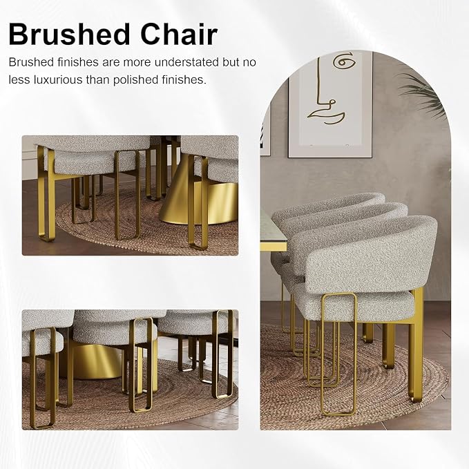 Boucle Dining Chair, Gold Barrel Dining Chair with Arms, Luxury Side Chair with Brushed Gold U-Shaped Legs for Kitchen, Bedroom, Makeup Room (3 PCS)