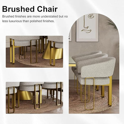 Boucle Dining Chair, Gold Barrel Dining Chair with Arms, Luxury Side Chair with Brushed Gold U-Shaped Legs for Kitchen, Bedroom, Makeup Room (3 PCS)