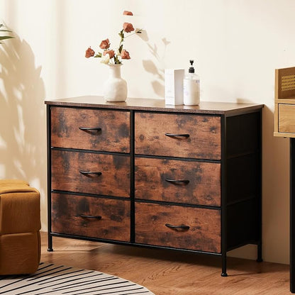 DUMOS 6 Drawer Dresser for Bedroom, Wide Storage Chest of Drawers Cabinet | Fabric Storage Organizer with Wooden Top, TV Stand for 43-50 Inch TV in Closet, Living Room, Rustic Brown