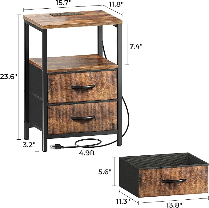 Huuger Nightstands Set of 2, End Tables with Charging Station, Fabric Drawers, Bedside Tables with USB Ports and Outlets, Night Stands for Bedroom, Rustic Brown