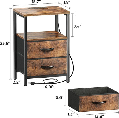 Huuger Nightstands Set of 2, End Tables with Charging Station, Fabric Drawers, Bedside Tables with USB Ports and Outlets, Night Stands for Bedroom, Rustic Brown