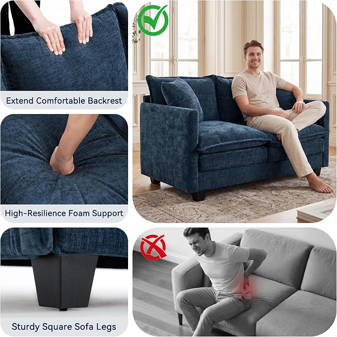 Loveseat Sofa Couch 2 Piece Set, Small Compact 50" Love Seat 27" Deep Cloud Sofa Set Washable Chenille Pillow Living Room Set for Apartment Office 8833-BLUE-2+2