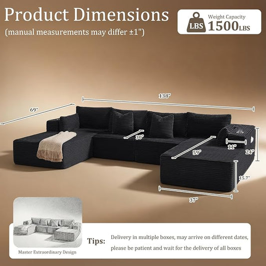 138" Cloud Sectional Couch, Comfort U Shaped Sofa for Living Room, Extra Deep Seats No Assembly, Minimalist Modular Couch, Corduroy (Black, 6 Seats,U-Shape C)