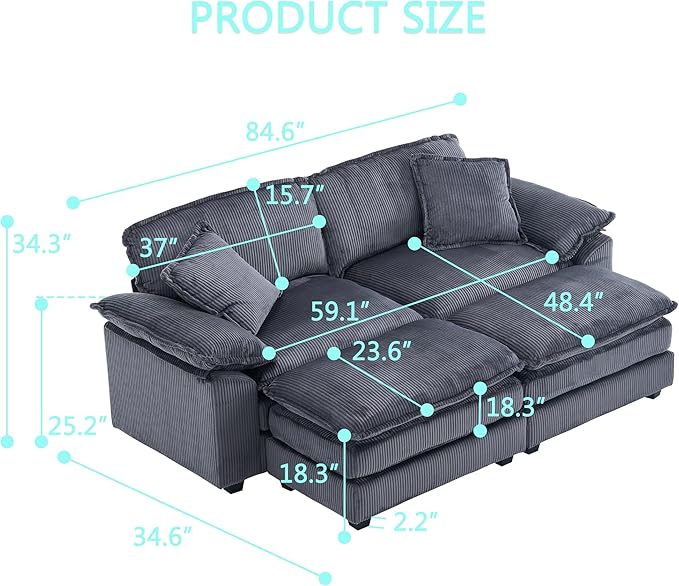 84.6” Corduroy Loveseat with Ottoman, Oversized Double Chaise Lounge Chair Indoor Deep Seat Two Seater Couch Cloud Couch Modular Sectional Sofa for Living Room(Corduroy Orange)