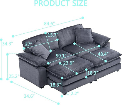 84.6” Corduroy Loveseat with Ottoman, Oversized Double Chaise Lounge Chair Indoor Deep Seat Two Seater Couch Cloud Couch Modular Sectional Sofa for Living Room(Corduroy Orange)