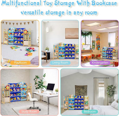 Kids Toy Storage Organizer with Bookshelf – Wooden Shelf with 16 Bins & 6 Shelves, Quick Assembly Storage Rack for Playroom, Bedroom, Nursery - Blue