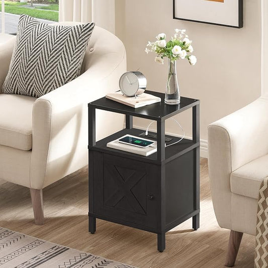 MAHANCRIS Farmhouse Nightstand with Charging Station, Black Bedside Table with USB & Type-C Ports, End Table with Storage and Open Shelf, Modern Side Table for Bedroom, ETBK96E01