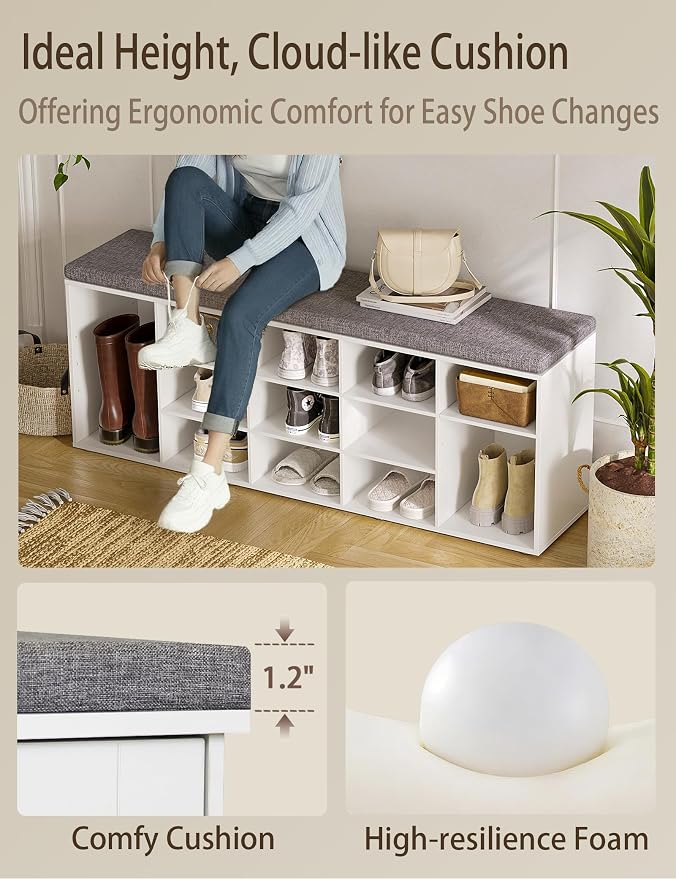 DINZI LVJ Shoe Storage Bench with Cushion, 13-Cubby Shoe Rack, Adjustable Shelves, Multifunctional Shoe Organizer Bench for Entryway, Mudroom, Hallway, Living Room, Bedroom and Garage, White