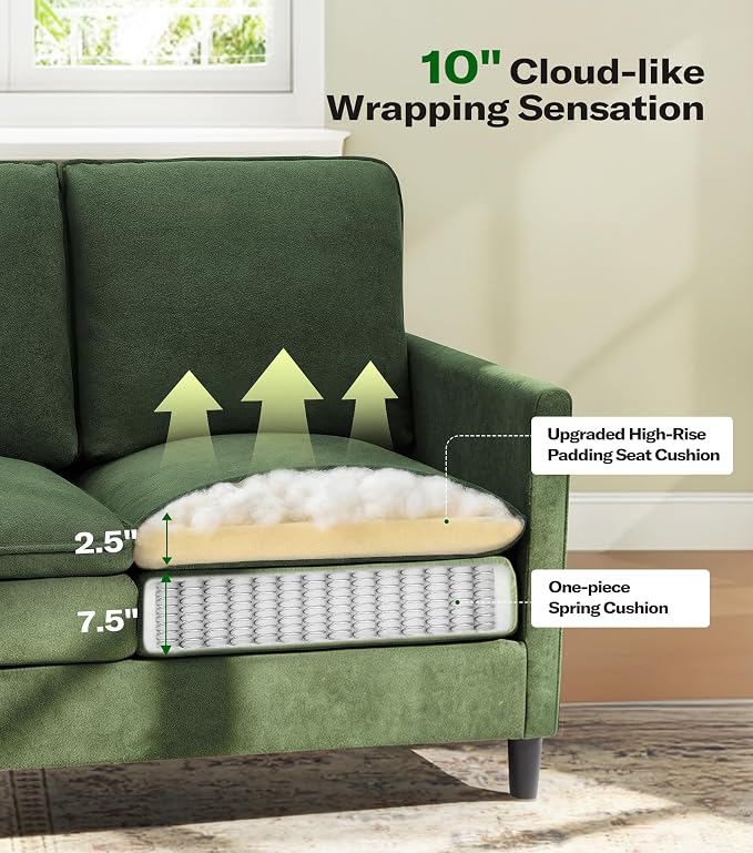Welzona 3-Layers Cloud Loveseat Sofa, 51" Small Couch for Living Room, Bedroom - Tool-Free Assembly with Teddy Fabric Small Sofa - Green - Futon Couch - Removable Washable Covers - 650lbs Capacity