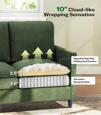 Welzona 3-Layers Cloud Loveseat Sofa, 51" Small Couch for Living Room, Bedroom - Tool-Free Assembly with Teddy Fabric Small Sofa - Green - Futon Couch - Removable Washable Covers - 650lbs Capacity