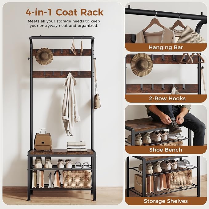 DUMOS 5-in-1 Hall Tree with Coat Rack and Shoe Bench, Industrial Entryway Storage Organizer with Top Hanging Rod, 10 Movable Hooks & Side Hooks, Mudroom Bench with 2-Tier Shoe Rack, Brown