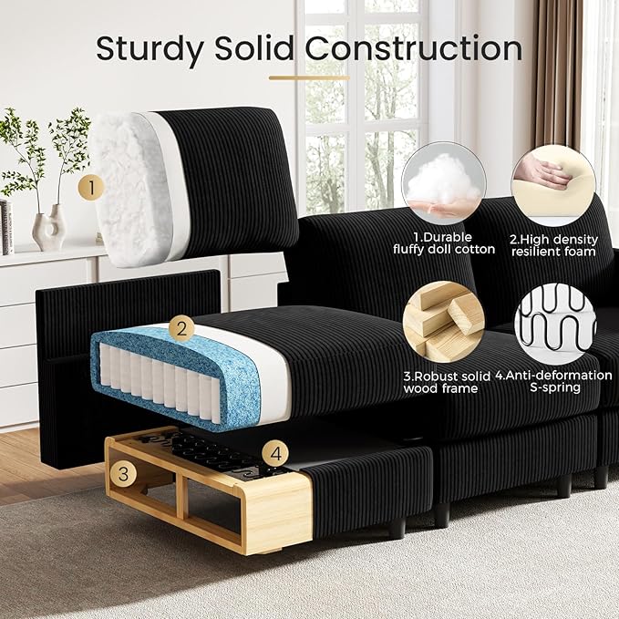 KKL Modular 6 Seater Sleeper Sofa Bed Sofa - 83 Inch Couch with Storage Ottoman, Convertible L/U-Shaped Sleeper Couch for Living Room, Modern Reversible Design, Black