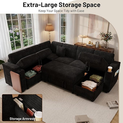 L-Shaped Sectional Sleeper Sofa with Pull Out Bed, Black | Plush Corduroy, Reclining Backrest, Storage Chaise, Usb Ports, Cup Holders & Table – Modular Cloud Couch for Living Room