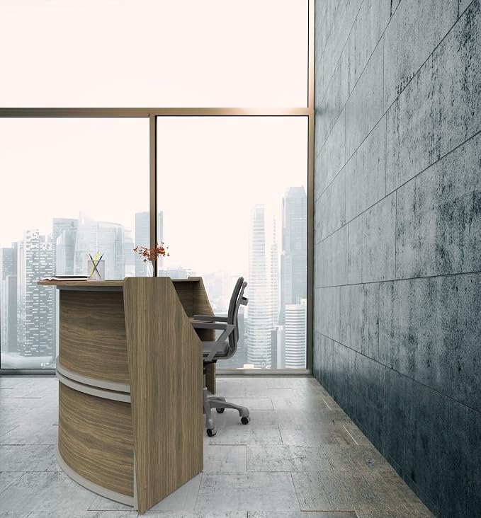 Linea Italia Curved Modern Office Desk Easy to Assembly 2 Panel Reception Counter for Lobby, Salon, 124" x 49", Walnut