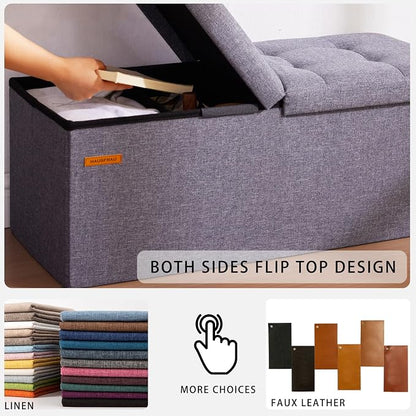HAUSFRAU 31.5 Inches Ottoman with Storage, Folding Ottoman Small Foot Rest Stool Bedroom Bench with Flipping Lid, Linen Beige