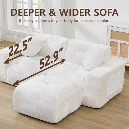 82" Modular Sectional Cloud Couch, L Shaped Sofa Boneless Couches with Movable Ottoman, 2 Deep Seat Modern Comfy Velvet Sofa for Living Room, Bedroom, Apartment (Beige)