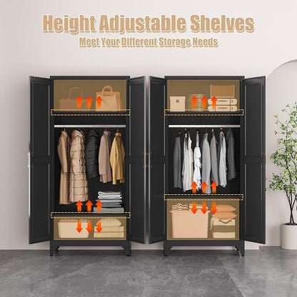 Armoire Wardrobe Closet with Hanging Rod, 71" Tall Metal Clothes Storage Cabinet with Doors and Adjustable Shelves, Black Wardrobe Cabinet, Steel Closet for Bedroom, Bathroom, Office, School