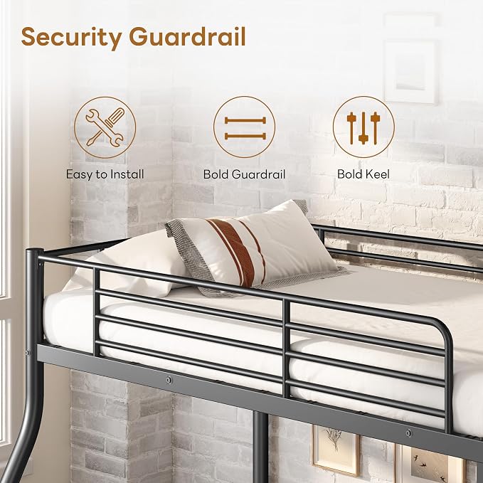 EMKK Twin Over Full Bunk Bed for Adults, Metal Bunk Beds Twin Over Full Size for Teens Dorm Bedroom Guest Room,Heavy Duty Bunk Beds with Ladder and Safety Full Length Guardrail (Black H)