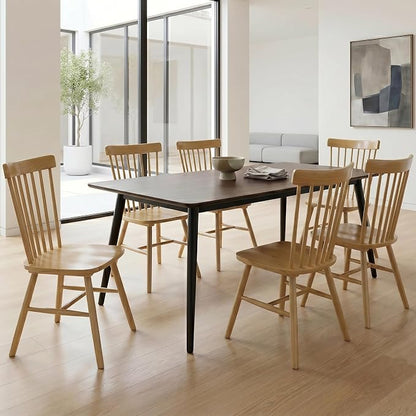 AreShark Windsor Dining Chairs, Farmhouse Wooden Dining Room Chairs, Solid Wood Kitchen Chairs with Spindle Back Set of 6, Natural Wood