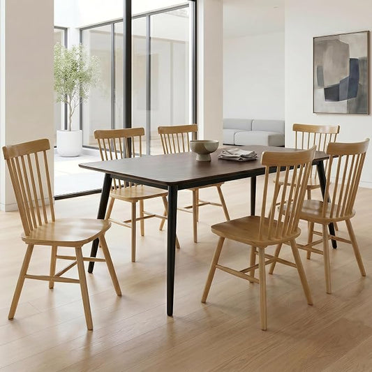 AreShark Windsor Dining Chairs, Farmhouse Wooden Dining Room Chairs, Solid Wood Kitchen Chairs with Spindle Back Set of 6, Natural Wood
