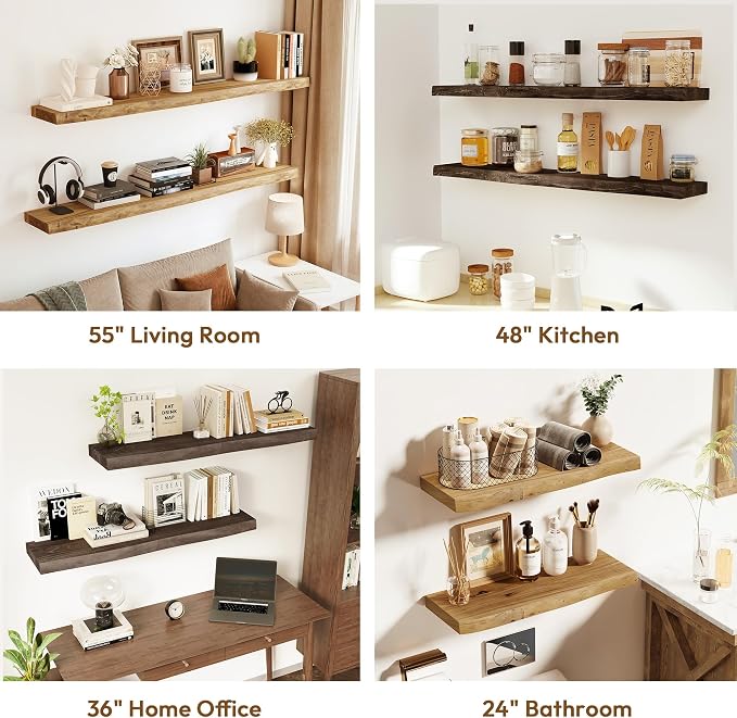 Vivelove Live Edge Floating Shelves 55 Inch Elm Wood, Rustic Farmhouse Wall Shelf with Invisible Bracket for Living Room Bedroom Bathroom Office Book, 55x8x1.4- Set of 1 - Dark Walnut