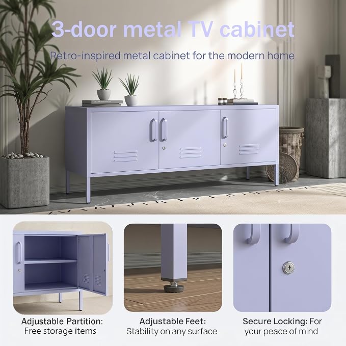 3 Door TV Stand with Storage Locke Metal TV Cabinet with 2-Tier Multi-Purpose Lockable Wide Storage Cabinet, Media Console Table with Metal Legs for Living Room, Bedroom,Office,Purple ﻿