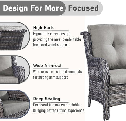 Outdoor Loveseat Sofa - 3 Piece Patio Furniture with Ottoman Deep Seating Patio Couch for Porch Deck Garden Backyard - Grey/Grey