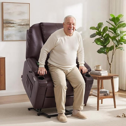 MCombo Oversized Power Lift Recliner Chair for Elderly, Lift Chair with Heat and Massage for Big and Tall, USB&Type C Ports, Cup Holders, Faux Leather R7510 (Dark Brown, Large-Wide)
