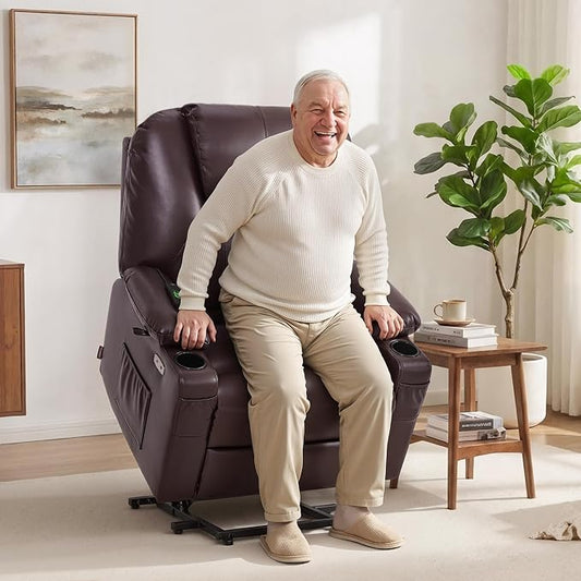 MCombo Oversized Power Lift Recliner Chair for Elderly, Lift Chair with Heat and Massage for Big and Tall, USB&Type C Ports, Cup Holders, Faux Leather R7510 (Dark Brown, Large-Wide)