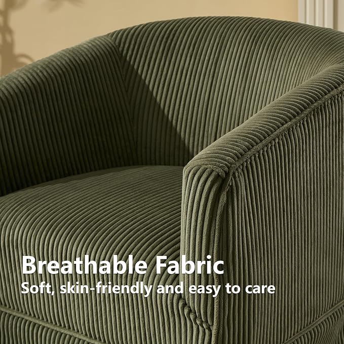 Swivel Accent Chair for Living Room, 360° Upholstered Barrel Swivel Chairs with Skirted Base, Modern Linen Armchairs for Bedroom, Reading Nook, Small Space, Corduroy Green