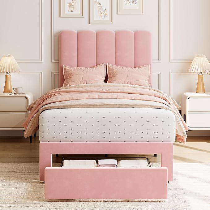 GarveeHome Twin Bed Frame with Under-Bed Drawer, Upholstered Platform Bed with Wave Headboard for Kids/Girls, Wooden Slats Support, No Box Spring Needed, Velvet Pink, 2 Sets