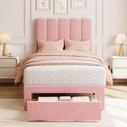 GarveeHome Twin Bed Frame with Under-Bed Drawer, Upholstered Platform Bed with Wave Headboard for Kids/Girls, Wooden Slats Support, No Box Spring Needed, Velvet Pink, 2 Sets