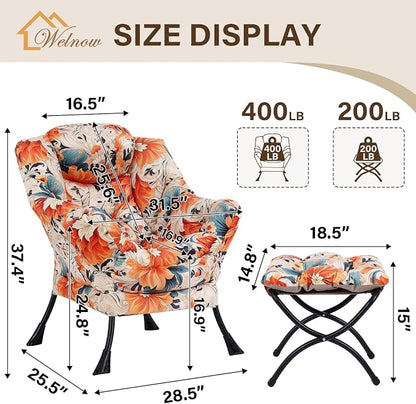 Welnow Lazy Chair with Ottoman, Modern Accent Chair with Armrests and a Side Pocket, Leisure Sofa Armchair Set, Reading Armchair with Footrest for Small Space, Orange Blue