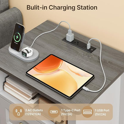Gizoon 3 PCS Bedroom Furniture Set, 7 Drawer Dresser and 2 Nightstands with Charging Station, with Modern Grey Wooden Tabletop