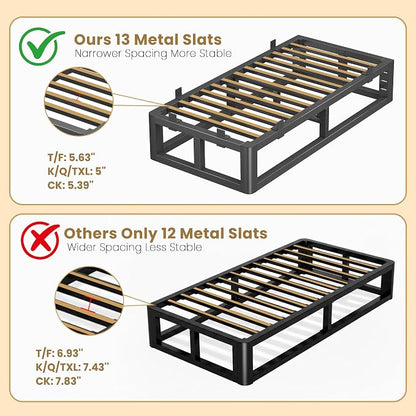 14 Inch Twin Bed Frames with Rounded Corner and Headboard Hole, Metal Platform Bed Frames 6 Non-Slip Guards, 3500lbs Heavy Duty Steel Slat Support, Squeak Free, No Box Spring Needed, Black