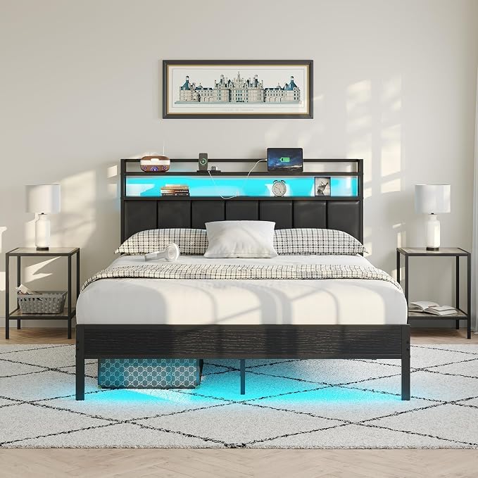 Full Size Bed Frame with Upholstered Headboard and 2-Tier Storage Shelves | Metal / Charging Station / LED Lights / Noise Free / No Box Spring Needed / Black