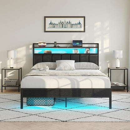 Full Size Bed Frame with Upholstered Headboard and 2-Tier Storage Shelves | Metal / Charging Station / LED Lights / Noise Free / No Box Spring Needed / Black