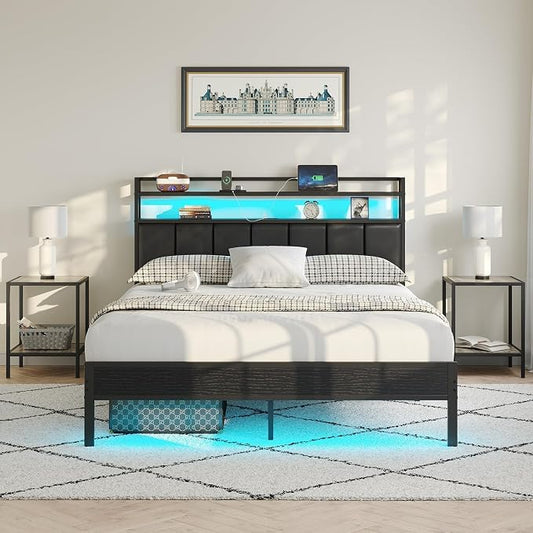 Full Size Bed Frame with Upholstered Headboard and 2-Tier Storage Shelves | Metal / Charging Station / LED Lights / Noise Free / No Box Spring Needed / Black