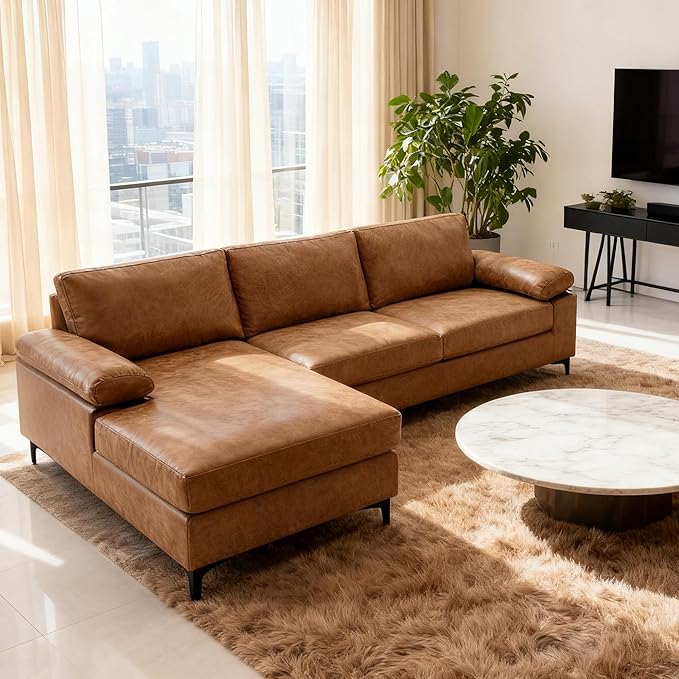 VANOMi Faux Leather Couch for Living Room, 100" Sofas & Couches with Convertible Chaise 3-Seater Sectional Sofas for Living Room, Apartment, Office, Brown | Right/Left L-Shaped