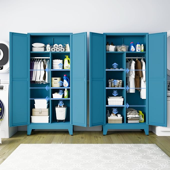 Metal Wardrobe Closet with Doors, 71" H Armoire Wardrobe Closet with 3 Adjustable Shelves and Hanging Rod, Steel Clothing Storage Cabinet for Bedroom, Home, Employee, Gym, Office, Blue