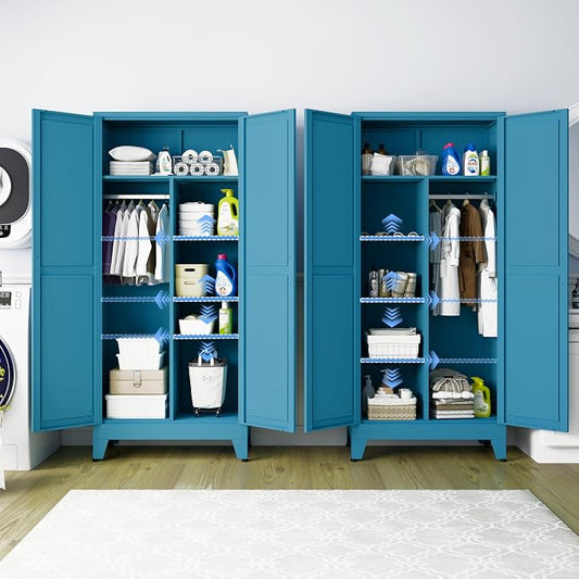 Metal Wardrobe Closet with Doors, 71" H Armoire Wardrobe Closet with 3 Adjustable Shelves and Hanging Rod, Steel Clothing Storage Cabinet for Bedroom, Home, Employee, Gym, Office, Blue