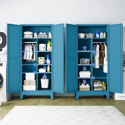 Metal Armoire Wardrobe Closet, 71" Steel Clothing Storage Cabinet with 2 Doors, Hanging Rod & Shelves, Bedroom Armoire Closet, Blue Wardrobe Cabinets for Bedroom