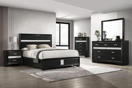 Coaster Home Furnishings Miranda Contemporary 5-Piece Bedroom Set Fabric Upholstered Eastern King Size Panel Bed Frame 54-inch Headboard Black 206360KE-S5
