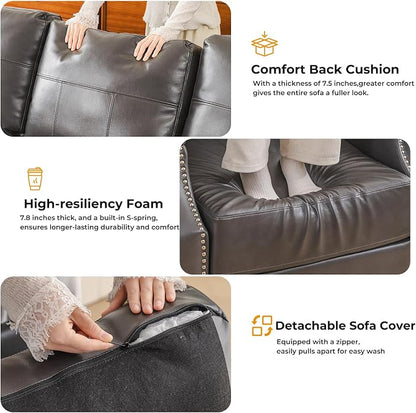 85'' Faux Leather Couch with Armrest Organizer,Sectional Sofa with Storage Movable Ottoman,Solid Wooden Frame,Thick Cushion,3 Seater L Shaped Couches for Living Room,Apartment,Home Furniture,Gray