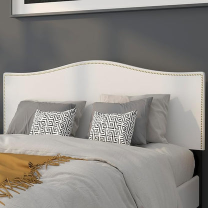 EMMA + OLIVER Upholstered Queen Size Headboard with Nailtrim in White Fabric