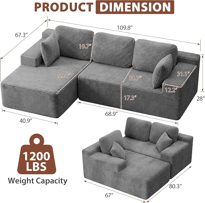 Homall 110" Boneless Sectional Couch, Modular Sectional Sofa L-Shape Couch with Deep Seat, Cloud Comfy Boneless Couch for Living Room, No Assembly Required (Corduroy, Grey)
