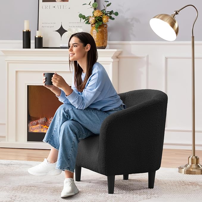 Topeakmart Barrel Chair, Soft Sherpa Accent Chair Side Chair Club Chair Modern Style Deep Seating Barrel Armchair for Living Room Furniture Reading Room Bedroom, Black