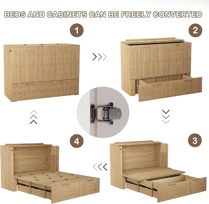 Full Size Murphy Bed Cabinet: Modern Murphy Bed Full Oak, Natural Wood Hidden Beds Cabinet with Charging Station, Fluted Hideaway Beds for Apartments (Oak-Stripe)
