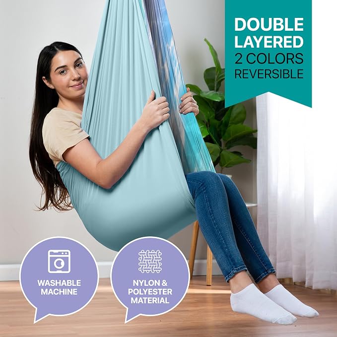Indoor Sensory Swing for Kids or Outdoor – Holds 300lbs, Double-Layer, & 360° Swivel, Calming Compression Therapy Swing Hammock for Kids & Adults with All Hardware – Sensory-Motor Toys & Gifts